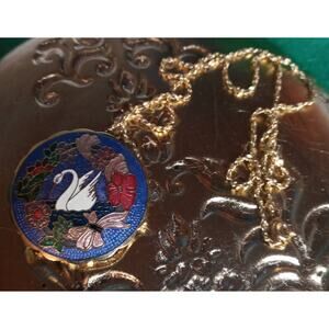 Cloisonné Swan Pendant Necklace Stamped Fish Pendant 1.55"  chain is 19" long